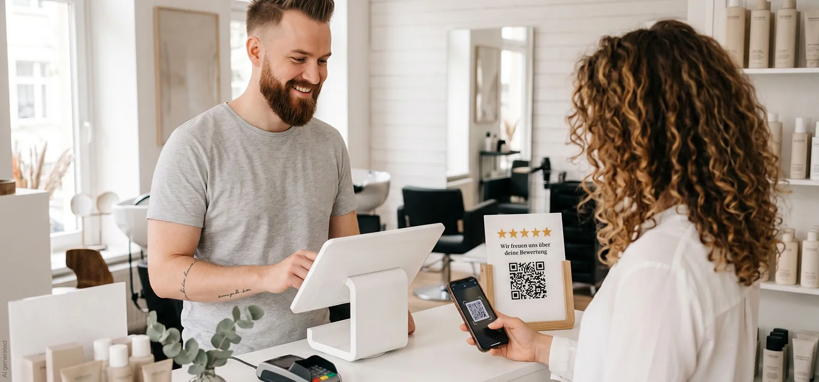 Eine Kundin scannt an der Theke den QR-Code auf einem Aufsteller, der um eine Bewertung bittet