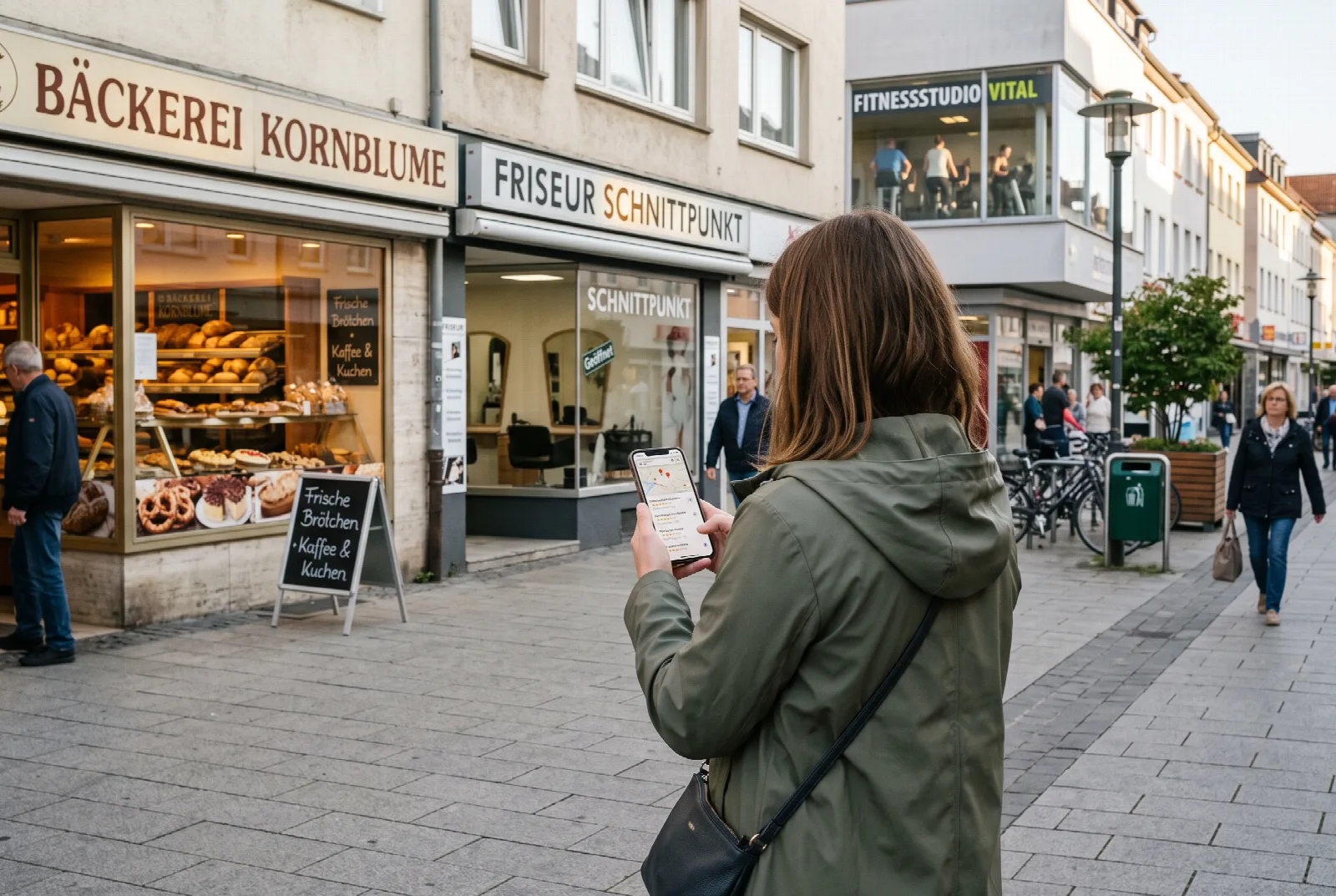 Frau in einer Fußgängerzone vergleicht auf dem Smartphone die Bewertungen der Läden in der Nähe, vor ihr Bäckerei, Friseur und ein Fitnessstudio (KI-generiertes Bild)