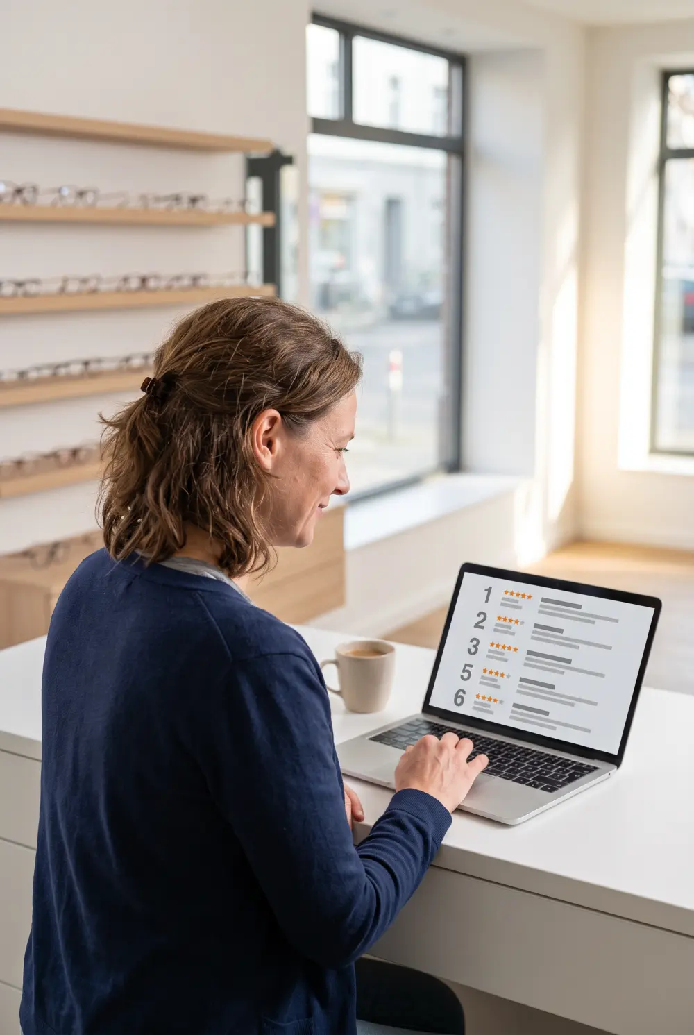 Inhaberin eines Optikergeschäfts sieht am Laptop die Rangliste der Betriebe in ihrer Umgebung (KI-generiertes Bild)